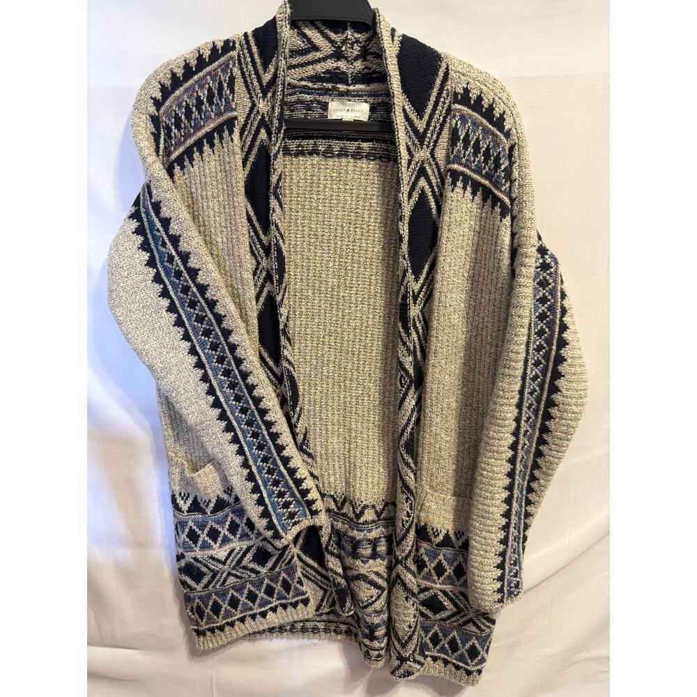 Lucky Brand Womens S/P Open Front Cardigan Sweater Aztec Tribal Knit Boho
